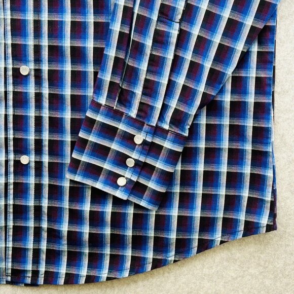 Wrangler Western Pearl Snap Plaid Shirt Size M Long Sleeve Blue Cotton Cowboy - Picture 5 of 10